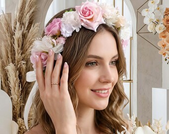 Handgjord tygblomkrona: Boho bröllopshårkrans, festivalhalo, kokettstil