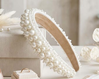 Baroque Pearl Bridal Headband, Luxury Padded Wedding Hair Accessories, Ivory Crystal Tiara