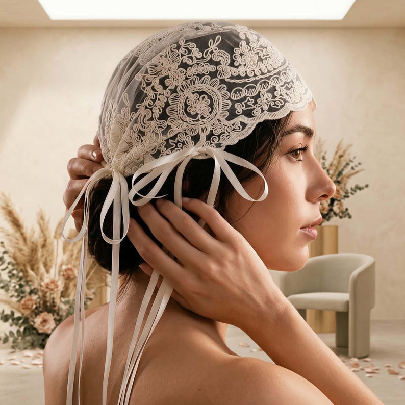 May include: A cream-colored lace head covering featuring intricate floral embroidery and scalloped edges. The accessory is secured with long, matching satin ribbons tied into bows on the sides, with additional ribbon tails hanging down.