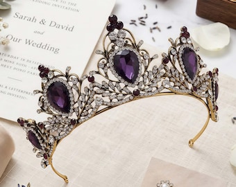 Vintage Baroque Crown, 9K Gold Finish Amethyst Crystal Tiara, Gothic Wedding Headpiece