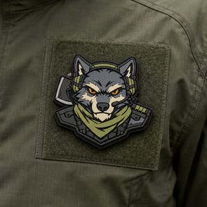Puede incluir: Un parche táctico que muestra un lobo gris estilizado con auriculares y una braga de cuello verde. El lobo tiene ojos naranjas penetrantes y se sitúa sobre un fondo geométrico oscuro con una hoja de hacha visible tras su cabeza.