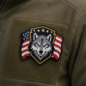 Puede incluir: Una chaqueta de forro polar verde oliva con un parche rectangular. El parche muestra una cabeza de lobo gris estilizada centrada en un escudo negro con borde dorado, coronado con cinco estrellas blancas y una dorada, flanqueado por una bandera.