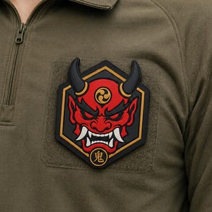 May include: An olive green quarter-zip shirt featuring a hexagonal patch on the chest. The patch displays a red Japanese Oni mask with black horns, white fangs, and a gold tomoe symbol. The kanji character for demon is printed in gold at the bottom.