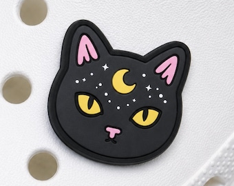 Mystieke zwarte katten schoenhanger | Accessoire voor klompen met hemelse maan | Kattenbroche met sterrenhemelmotief