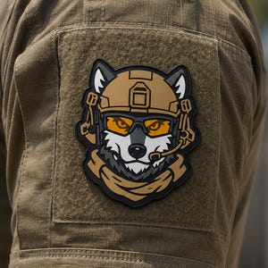 Peut inclure: Un écusson tactique représentant un loup stylisé portant un casque de combat beige, des lunettes tactiques aux verres orange et un casque de communication avec micro. Le loup a un pelage gris et blanc et une écharpe beige autour du cou.