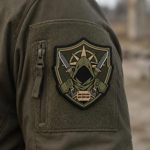 Może przedstawiać: Naszywka w kształcie tarczy przedstawiająca postać w kapturze w kolorze oliwkowej zieleni, otoczoną dwoma skrzyżowanymi nożami. Wzór zawiera element gwiazdy za kapturem, całość na ciemnooliwkowym i czarnym tle z grubą czarną obwódką.