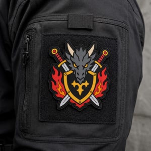 May include: A rectangular black tactical patch featuring a central design of a grey dragon head positioned above a yellow shield with a gold emblem. Two crossed swords with red handles are behind the shield, framed by stylized orange and red flames.