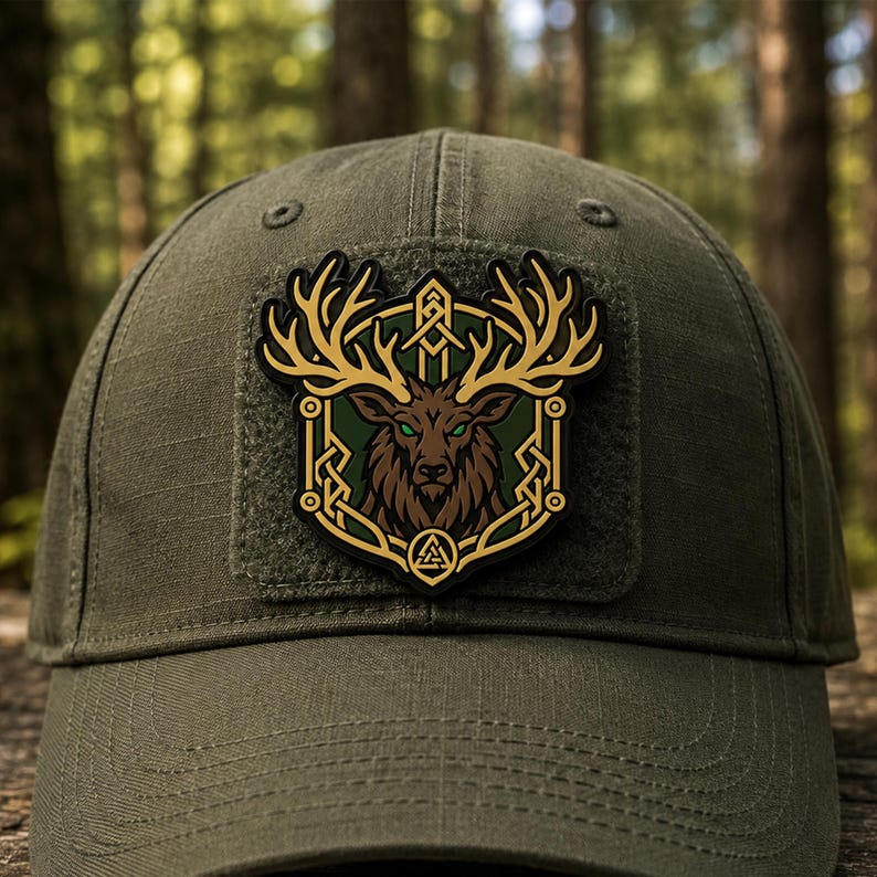 May include: An olive green baseball cap featuring a rectangular patch on the front. The patch displays a brown deer head with large antlers, green eyes, and a gold-colored geometric frame with a small triangular symbol at the bottom center.