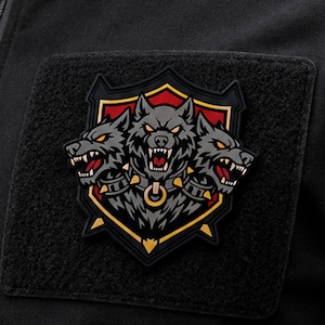 May include: A black tactical patch featuring a three-headed wolf design set against a red and gold shield. The wolf heads have grey fur, glowing yellow eyes, and open mouths with sharp white teeth. The patch is attached to a black fabric surface.