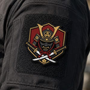 Może przedstawiać: Prostokątna naszywka przedstawiająca stylizowany hełm i maskę samuraja w kolorach czarnym, złotym i czerwonym. Dwie skrzyżowane katany umieszczono pod hełmem, na tle w kształcie tarczy ze złotymi akcentami kwiatowymi i czerwonym środkiem.