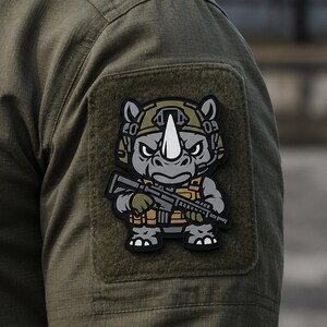 Op de afbeelding: Een rechthoekige olijfgroene patch bevestigd op een olijfgroene mouw. De patch toont een cartoon neushoorn met een tactische helm en vest, die een zwart geweer vasthoudt. De neushoorn is grijs met een witte hoorn en zwarte omlijningen.
