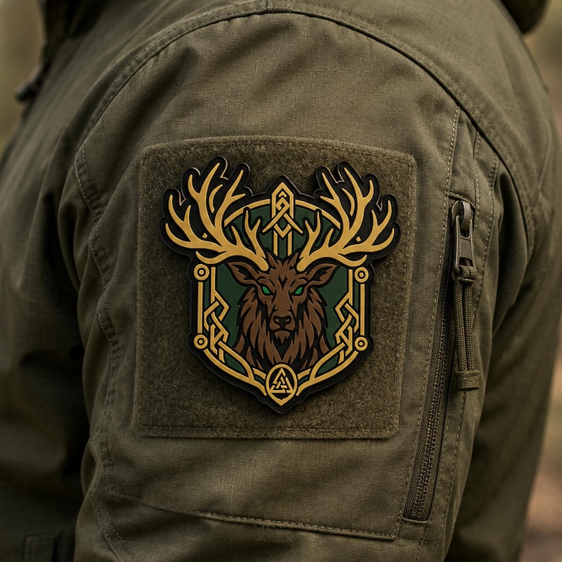 May include: A rectangular olive green tactical jacket sleeve featuring a morale patch with a brown deer head, large antlers, and green eyes. The patch is framed by a gold-colored border with intricate knotwork and a small triangular symbol at the base.