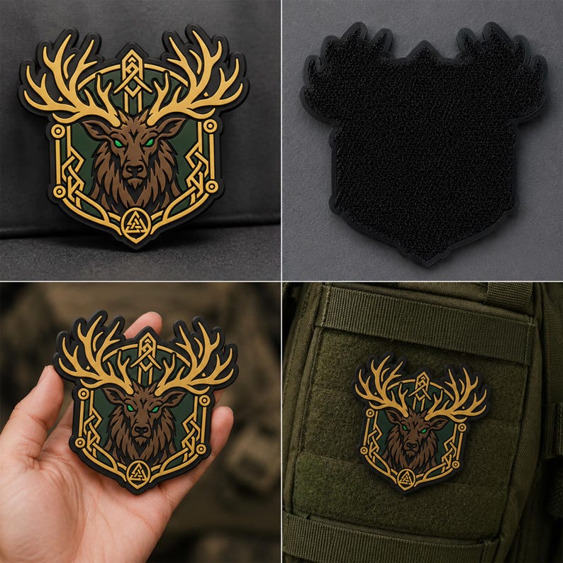 May include: A shield-shaped patch featuring a brown deer head with large golden antlers, set against a dark green background. The design includes intricate golden knotwork borders and a small golden triquetra symbol at the bottom center.
