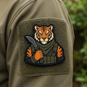 Op de afbeelding: Een rechthoekige olijfgroene stoffen patch bevestigd op een bijpassende olijfgroene mouw. De patch toont een afbeelding van een tijger die een tactisch vest en sjaal draagt en een gebogen mes vasthoudt. De tijger heeft oranje vacht met zwarte strepen.