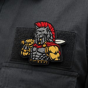 Könnte beinhalten: Ein rechteckiger schwarzer Klett-Aufnäher mit einer Grafik eines Wolfes, der einen Spartanerhelm mit rotem Kamm trägt. Die Wolfsfigur hat graues Fell, einen grauen Brustpanzer, gelbe Arme und einen roten Umhang und hält ein Schwert über den Schultern.