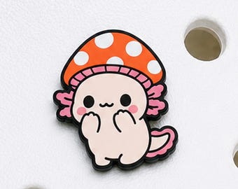Pingente de sapato de axolote com chapéu de cogumelo, broche de tamanco de anfíbio rosa kawaii, decoração cottagecore