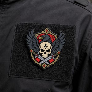 Może przedstawiać: Prostokątna czarna naszywka na rzep z centralnym emblematem przedstawiającym beżową czaszkę na tle czarnego orła z rozpostartymi skrzydłami. Za czaszką znajdują się dwa skrzyżowane srebrne miecze, całość ujęta w czerwoną i złotą tarczę.