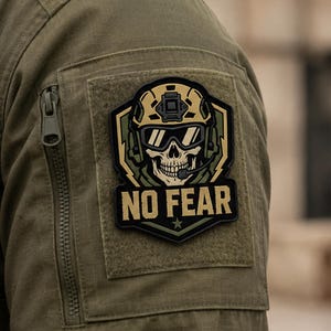 Puede incluir: Un parche táctico que muestra una calavera con un casco de combate color canela y gafas tácticas con un micrófono de diadema. El diseño incluye un borde en forma de escudo en verde oliva y canela, con el texto NO FEAR en letras negritas.