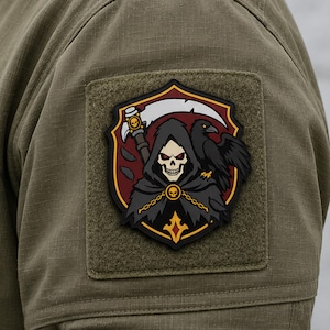 Naszywka morale Grim Reaper PVC – taktyczna czaszka z kosą i emblematem Raven
