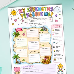 Op de afbeelding: Een My Strengths Treasure Map werkblad met een kleurrijke eilandillustratie, lege vakken om in te schrijven, een schatkist, palmbomen en een My Strength Clues sectie met iconen van sterren, harten, bergen, diamanten, boeken en gloeilampen.