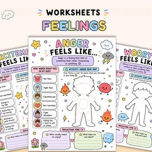 Può includere: Tre schede didattiche intitolate WORKSHEETS FEELINGS, con illustrazioni colorate e testo. Le pagine si concentrano su emozioni come eccitazione, rabbia e preoccupazione, utilizzando mappe corporee, attività e sezioni di riflessione.