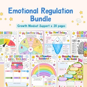 Peut inclure: Un ensemble de régulation émotionnelle comprenant 20 pages de feuilles de travail colorées, dont un Mood Meter, My Emotions Wheel, The Mood Iceberg, Growth Mindset, My Coping Skill Toolbox, My Affirmations Rainbow et Stepping Stones to My Goals.