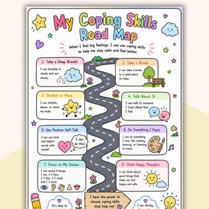 May include: A colourful "My Coping Skills Road Map" poster featuring a winding road design. The poster includes eight coping strategies with illustrations, such as deep breathing, taking a break, and positive self-talk. The poster is designed to help manage big feelings.