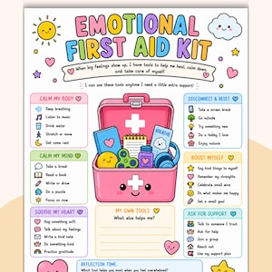 以下が含まれることがあります： Emotional First Aid Kitというタイトルのカラフルな教育用ポスター。ピンク色の医療用ボックスのイラストが描かれ、その中には対処ツールが入っています。心身を落ち着かせたり、サポートを求めたりするためのセクションがレイアウトされています。