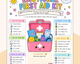 Könnte beinhalten: Ein buntes Lernposter mit dem Titel Emotional First Aid Kit, das eine rosa medizinische Box mit verschiedenen Hilfsmitteln zeigt. Das Layout enthält Abschnitte zur Beruhigung von Körper und Geist sowie zur Unterstützung bei Gefühlen.