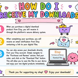 May include: A colorful infographic with the text "HOW DO I RECEIVE MY DOWNLOADS?" and instructions for downloading digital products from Etsy. Includes illustrations of a shopping cart, envelope, laptop, and a brain.