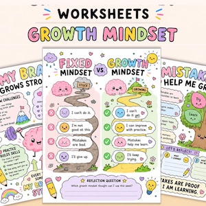 May include: Three educational worksheets featuring colorful illustrations and text about growth mindset. The pages include diagrams comparing fixed and growth mindsets, brain characters, a tree with learning goals, and reflection questions.