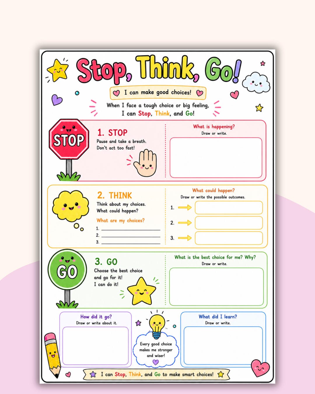 Stop Think Go Activity Worksheet for Kids. Impulse Control Visual Aid ...