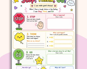 Stop Think Go Activity Worksheet For Kids. Impulse control Visual Aid. Kids Self-Regulation Resources.