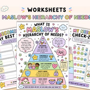 Op de afbeelding: Een set educatieve werkbladen over de piramide van Maslow. De middelste pagina toont een kleurrijk piramidediagram met vijf niveaus, inclusief iconen zoals een huis, schild en raket, samen met teksten die de menselijke behoeften uitleggen.