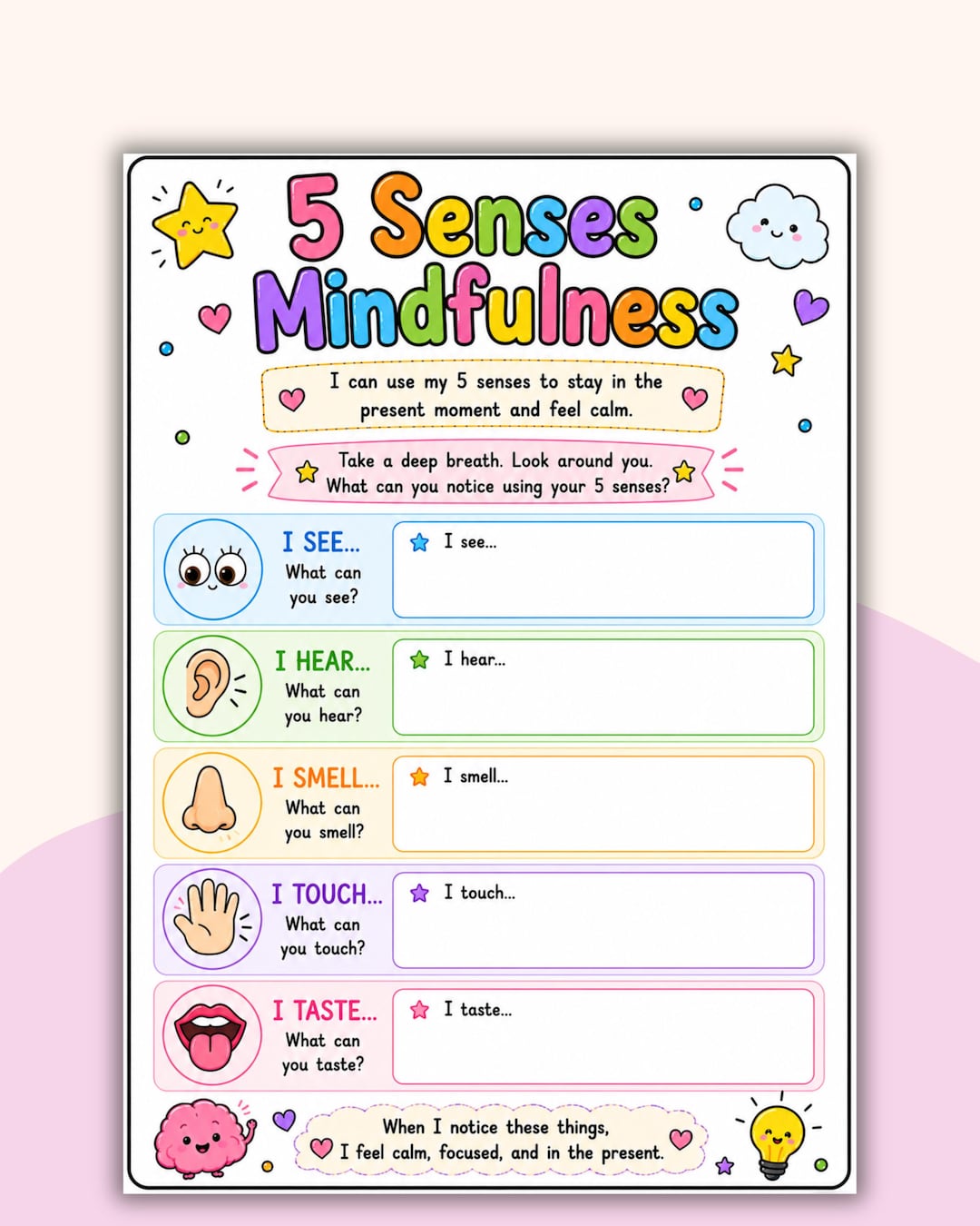 5 Senses Mindfulness Worksheet for Kids: Sensory Activity, Calming ...