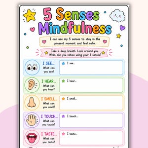 Peut inclure: Une affiche colorée sur la pleine conscience intitulée "5 Sens Mindfulness". Elle présente des illustrations des cinq sens et invite à identifier les expériences sensorielles. L'affiche encourage la pleine conscience du moment présent.
