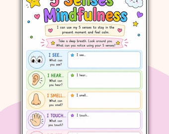 5 Senses Mindfulness Worksheet for Kids: Sensory Activity, Calming ...