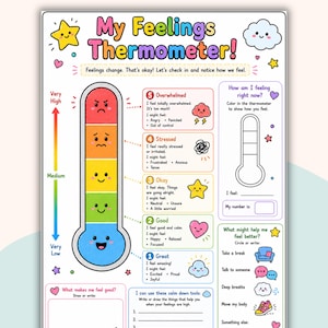 Puede incluir: Un colorido gráfico "My Feelings Thermometer" con un gráfico de termómetro y sentimientos asociados. El gráfico incluye secciones para identificar sentimientos, herramientas de calma y lo que te hace sentir bien. El texto incluye "Feelings change. That's okay!"