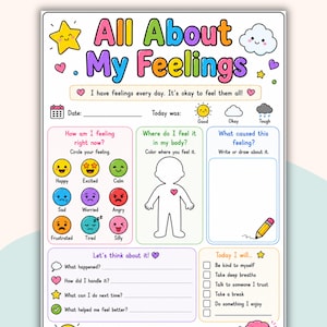 May include: A colorful feelings chart with the text "All About My Feelings." It includes sections for identifying emotions, body sensations, and coping strategies. The chart features illustrations of happy, sad, and other feelings.