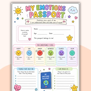 Op de afbeelding: Een kleurrijk "My Emotions Passport" werkblad met illustraties van een zon, een wolk, sterren en harten. Het werkblad bevat secties voor gevoelens, zelfreflectie en een ruimte om een foto te tekenen of te plakken.