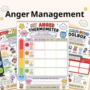 May include: Three educational worksheets titled Anger Management, My Anger Thermometer, and Calm-Down Toolbox. The colorful pages feature cartoon illustrations of brains, clouds, stars, and a traffic light, with blank spaces for writing responses.