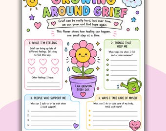 Growing Around Grief Activity Worksheet for Kids: Coping Skills, Emotional Support (Digital Download)