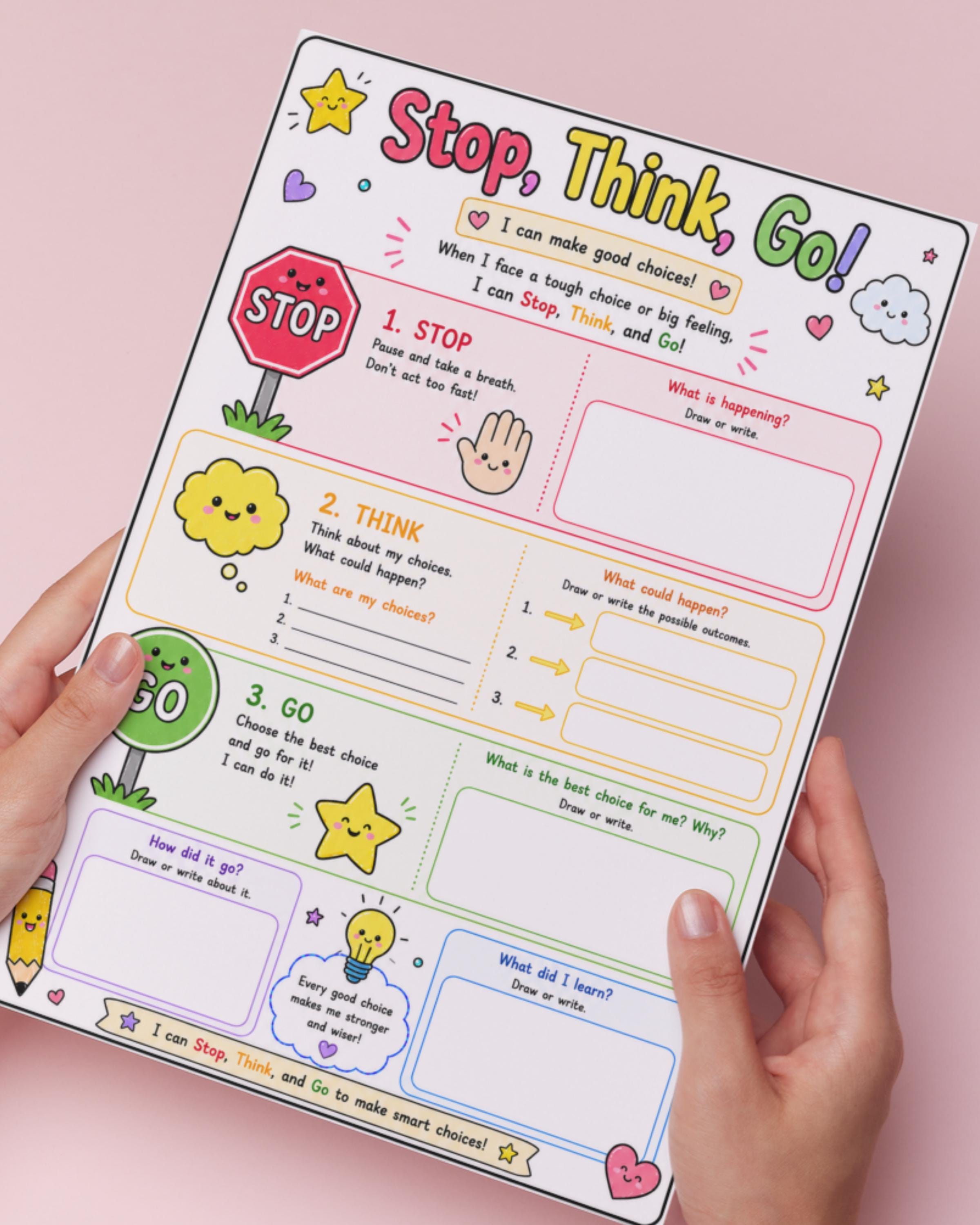 Stop Think Go Activity Worksheet for Kids. Impulse Control Visual Aid ...