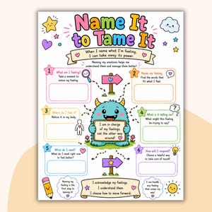 May include: A colorful educational worksheet titled Name It to Tame It, featuring a central blue monster holding a sign that reads I am in charge of my feelings, not the other way around. It includes six numbered sections for emotional regulation.