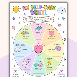 May include: A vibrant self-care wheel poster with the text "MY SELF-CARE WHEEL". The wheel is split into sections such as physical, emotional, and mental care, featuring charming illustrations and fill-in-the-blank prompts. The poster includes the text "I choose to take care of me, every single day!"
