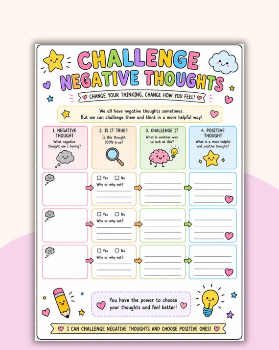 Challenging Negative Thoughts Worksheet. Thought Detective. Negative Beliefs. Anxiety Relief. Worry Activity For kids.