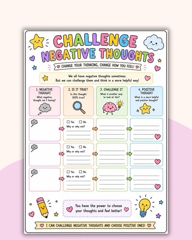 May include: A colorful worksheet titled "Challenge Negative Thoughts" with a star, cloud, and heart illustrations. It guides users through identifying, questioning, and reframing negative thoughts to promote a more positive mindset. The text includes prompts and fill-in sections.