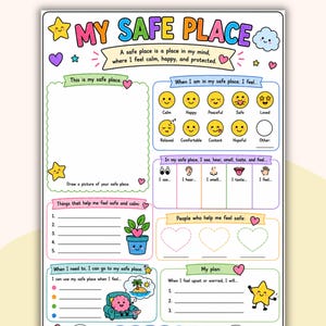 Op de afbeelding: Een kleurrijk "My Safe Place" werkblad met tekst en illustraties. Het bevat prompts voor tekenen, het opsommen van gevoelens en het identificeren van veilige mensen. Het ontwerp bevat sterren, harten en een vriendelijke cartoon esthetiek.