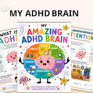 Könnte beinhalten: Drei Lernposter mit den Titeln MY ADHD BRAIN und MY AMAZING ADHD BRAIN. Das mittlere Poster zeigt ein buntes, cartoonartiges Gehirn, das in Abschnitte unterteilt ist, die mit Strengths, Creativity, Curiosity, Imagination, Energy und Problem-Solving beschriftet sind.