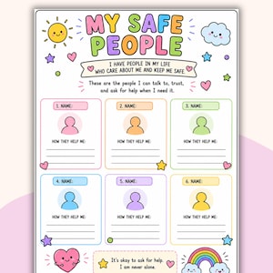 Puede incluir: Una colorida hoja de trabajo imprimible titulada "Mis personas seguras" con espacio para enumerar nombres y cómo ayudan. Incluye ilustraciones de un sol, una nube, estrellas, corazones y un arcoíris. El texto dice "Soy importante. Estoy a salvo. Soy amado."